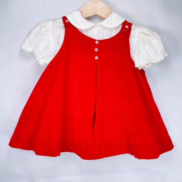 Vintage Baby Girl 2 Piece Red Velvet Dress + Puff Sleeve Shirt Outfit Set 12m - Picture 11 of 12